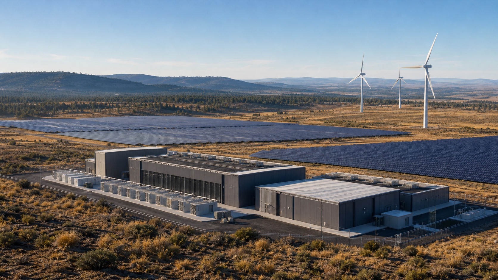A data center campus near solar panels and wind turbines in a dry landscape